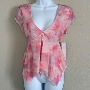NWT Womens Large Pink Babydoll Floral Sheer Mesh Top Y2K Fairy Dainty Coquette